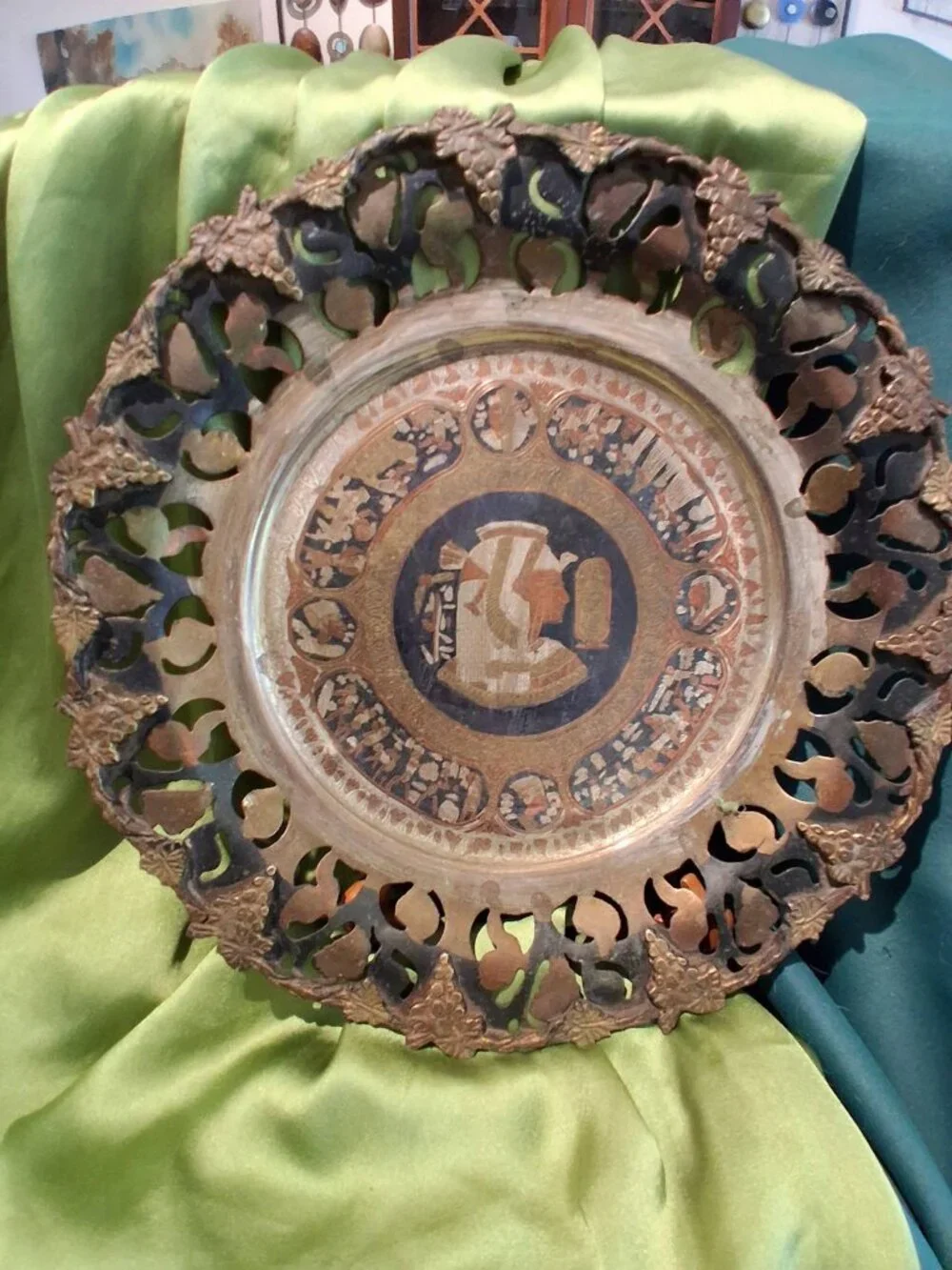 Vintage Egyptian Revival Brass & Copper Pierced Wall Plate Charger